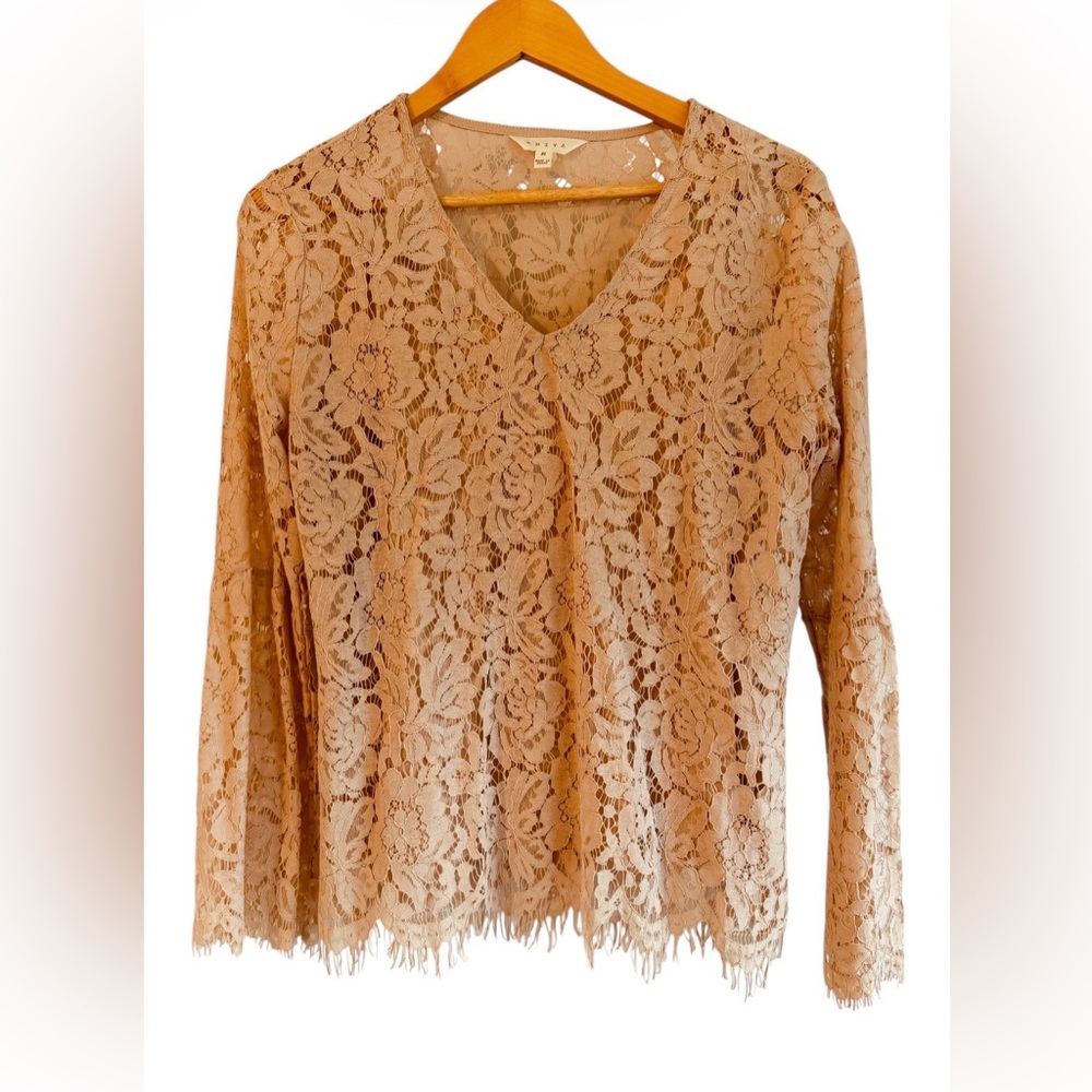 Adiva Dusty Rose Lace V-Neck Long Sleeve Blouse Size:M